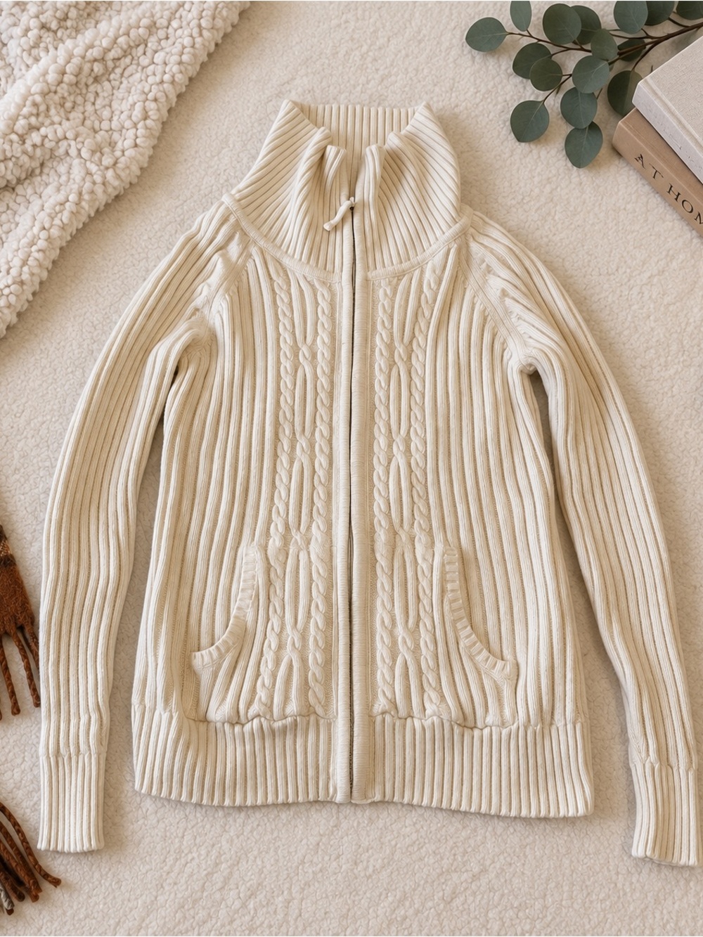 St. John's Bay Cream Cable-Knit Zip-Up Cardigan